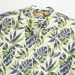 Bobby Chan Silk Tropical Monstera Leaf Shirt Mens Large Green Navy Blue Camp 408